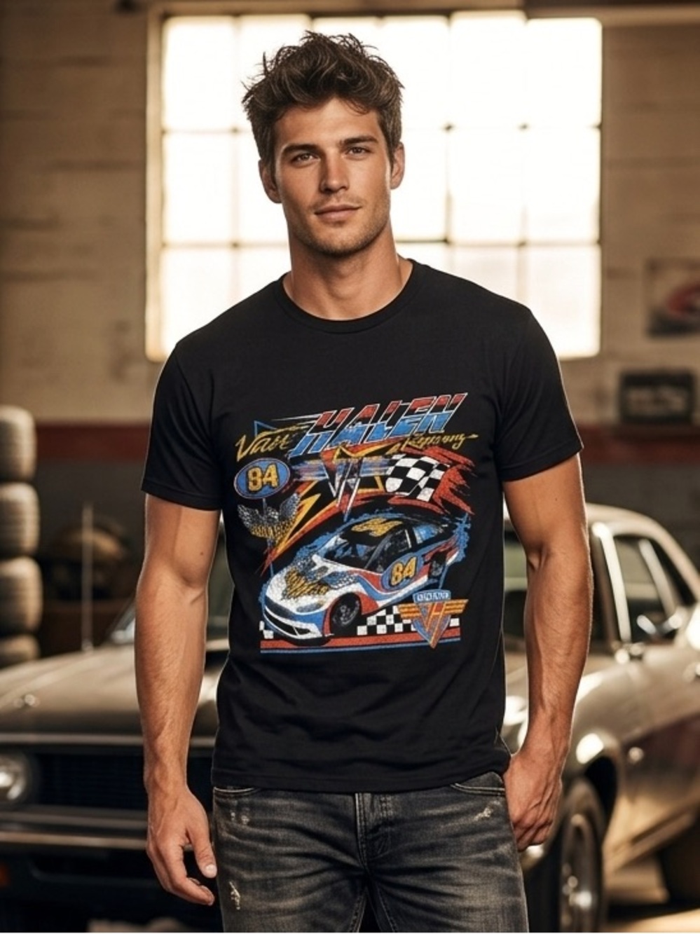 Van Halen 84 Racing Graphic Tee, Size Large, Black with Blue/Red/Yellow Print